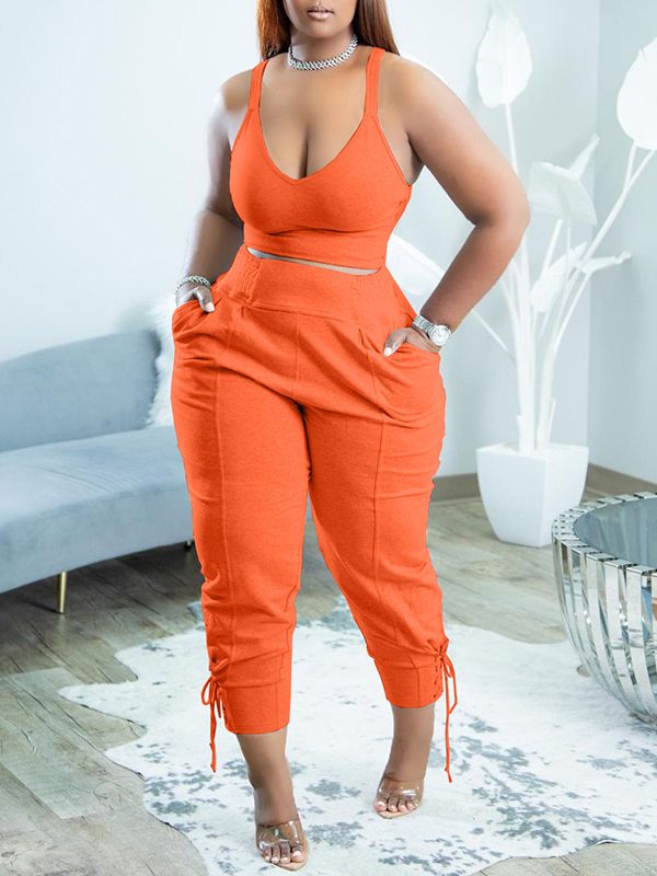 Gorgeousladie Solid Tank Top & Lace-Up Pants Set