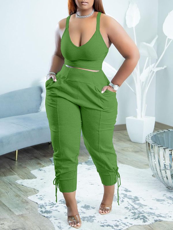 Gorgeousladie Solid Tank Top & Lace-Up Pants Set