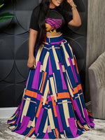Gorgeousladie Graphic Crop Top & Colorblock Slit Skirt Set