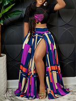 Gorgeousladie Graphic Crop Top & Colorblock Slit Skirt Set