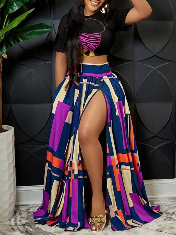 Gorgeousladie Graphic Crop Top & Colorblock Slit Skirt Set