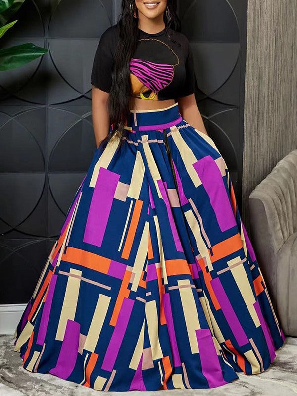 Gorgeousladie Graphic Crop Top & Colorblock Slit Skirt Set