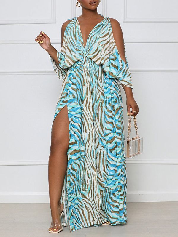 Gorgeousladie Printed Cold-Shoulder Slit Dress