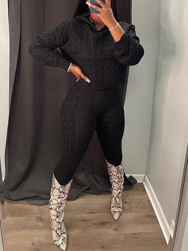 Gorgeousladie Solid Knit Hoodie & Pants Set