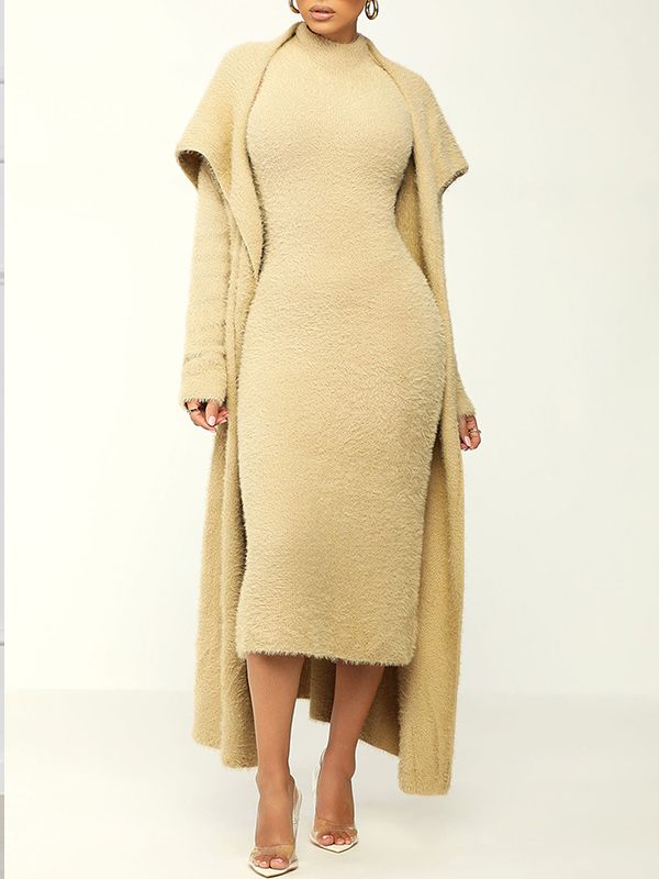 Gorgeousladie Fuzzy Cardigan & Dress Set