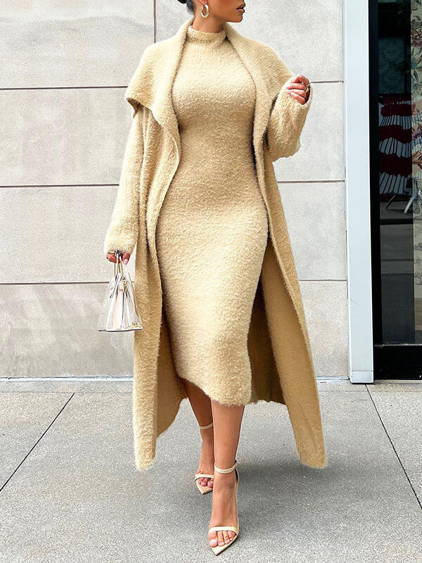 Gorgeousladie Fuzzy Cardigan & Dress Set