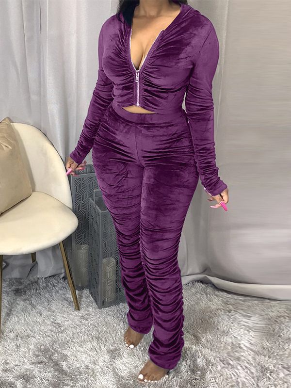 Gorgeousladie Velvet Ruched Hoodie & Pants Set