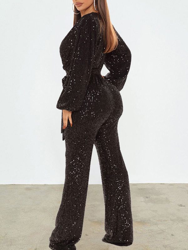 Gorgeousladie Sequin V-Neck Tied Jumpsuit
