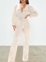 Gorgeousladie Sequin V-Neck Tied Jumpsuit