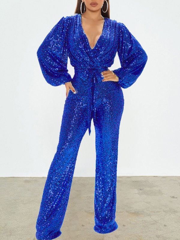 Gorgeousladie Sequin V-Neck Tied Jumpsuit