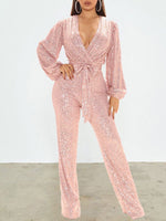 Gorgeousladie Sequin V-Neck Tied Jumpsuit