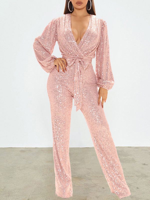 Gorgeousladie Sequin V-Neck Tied Jumpsuit