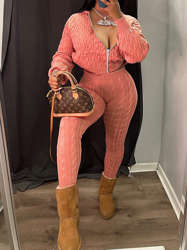 Gorgeousladie Knit Zip Hoodie & Pants Set