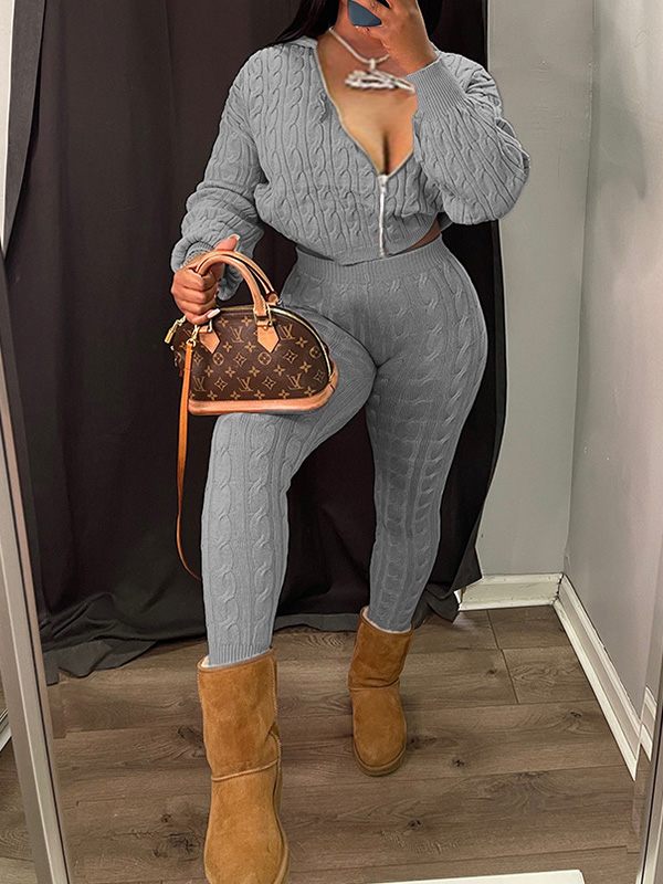 Gorgeousladie Knit Zip Hoodie & Pants Set