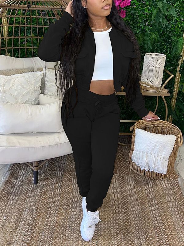 Gorgeousladie Solid Bomber Jacket & Jogger Pants Set