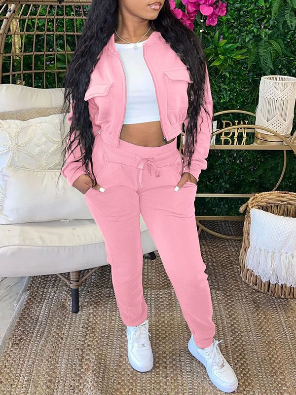 Gorgeousladie Solid Bomber Jacket & Jogger Pants Set