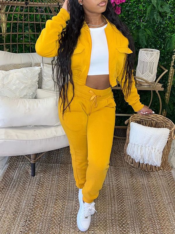 Gorgeousladie Solid Bomber Jacket & Jogger Pants Set
