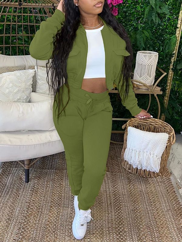 Gorgeousladie Solid Bomber Jacket & Jogger Pants Set