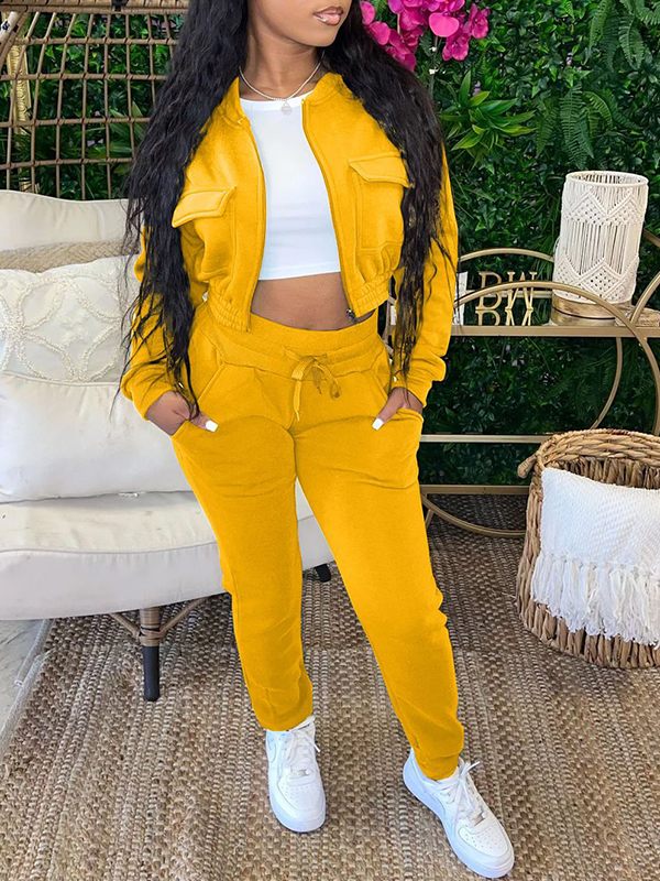 Gorgeousladie Solid Bomber Jacket & Jogger Pants Set