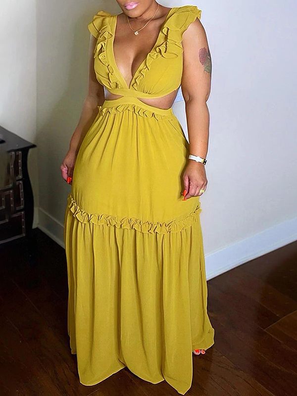 Gorgeousladie Frilled V-Neck Maxi Dress
