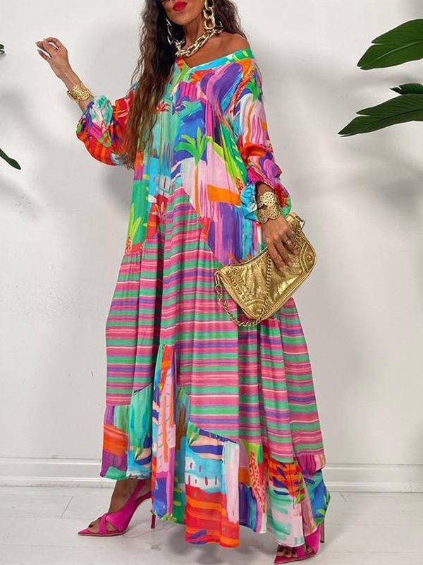 Gorgeousladie Printed V-Neck Ruffle Dress