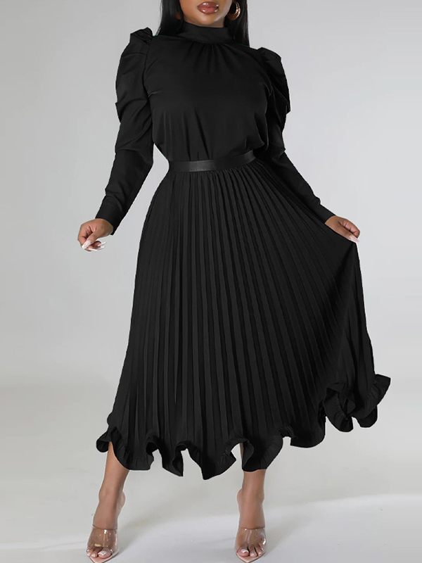 Gorgeousladie Puff-Sleeve Top & Pleated Skirt Set