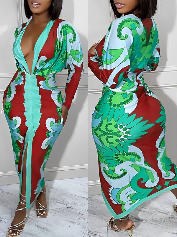 Gorgeousladie Printed Plunge Ruched Dress