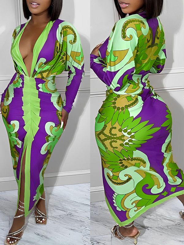 Gorgeousladie Printed Plunge Ruched Dress