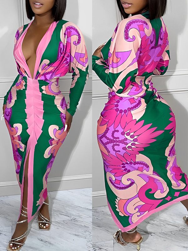 Gorgeousladie Printed Plunge Ruched Dress