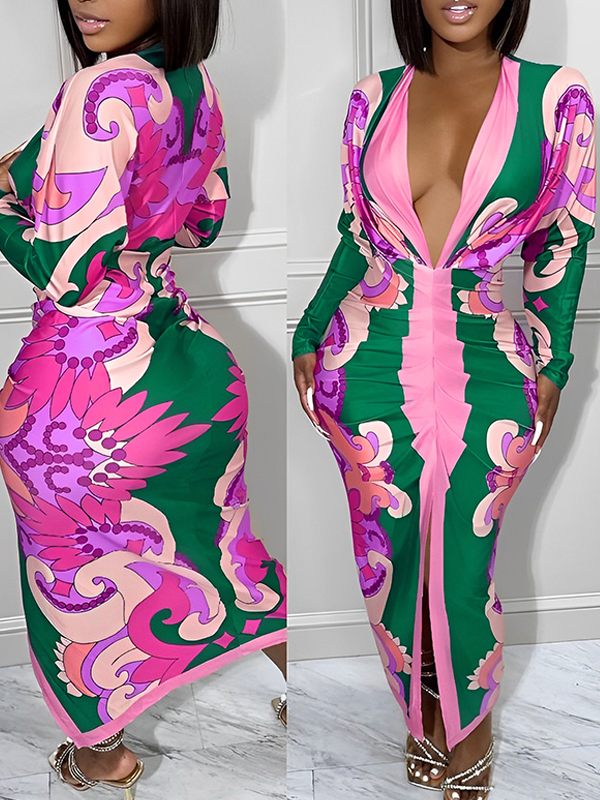 Gorgeousladie Printed Plunge Ruched Dress