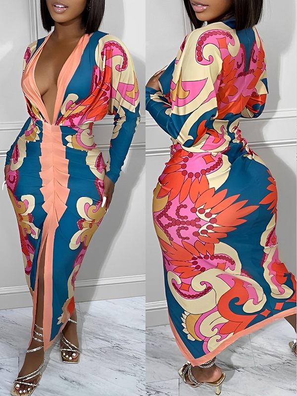Gorgeousladie Printed Plunge Ruched Dress