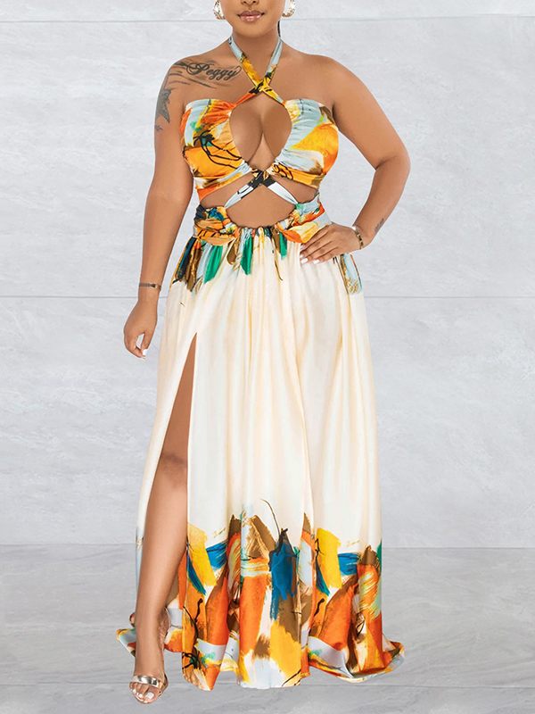 Gorgeousladie Printed Lace-Up Slit Dress