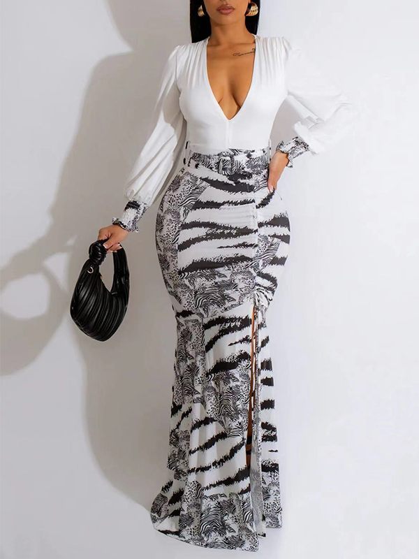 Gorgeousladie Printed-Combo V-Neck Slit Dress