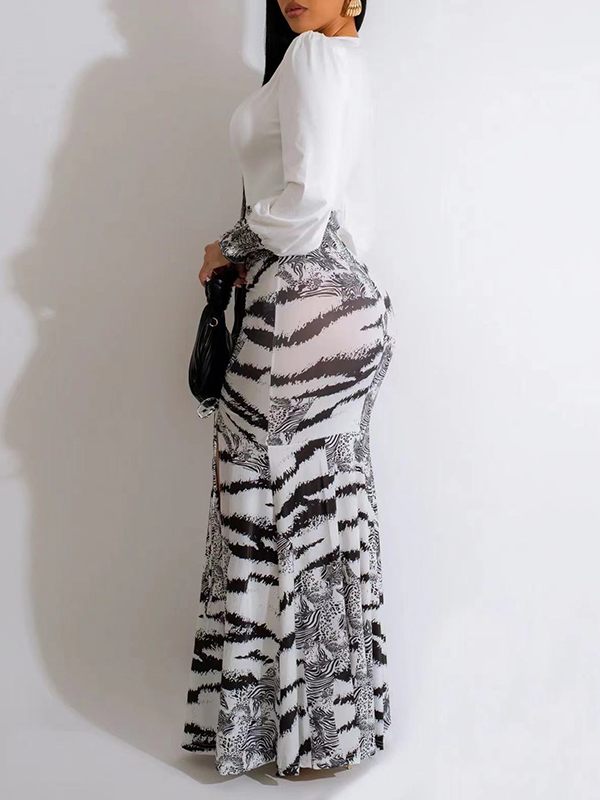 Gorgeousladie Printed-Combo V-Neck Slit Dress