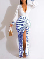 Gorgeousladie Printed-Combo V-Neck Slit Dress