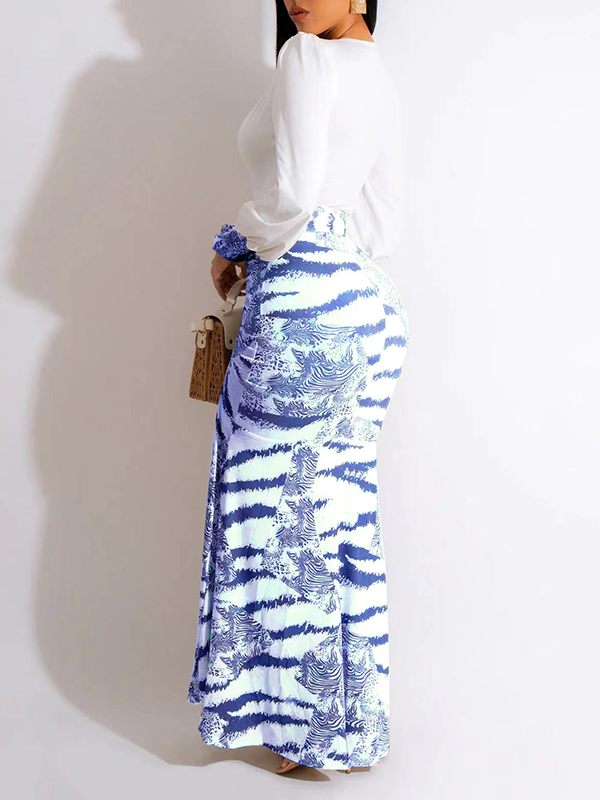 Gorgeousladie Printed-Combo V-Neck Slit Dress