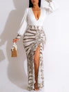 Gorgeousladie Printed-Combo V-Neck Slit Dress