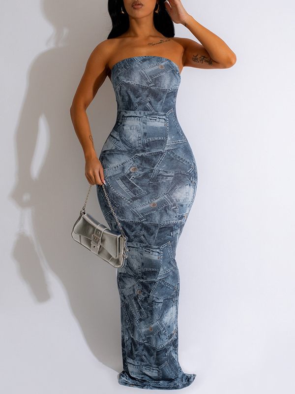 Denim-Print Strapless Dress