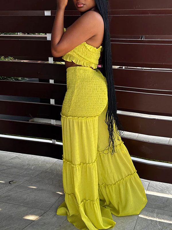 Gorgeousladie Smocked Bandeau Top & Wide-Leg Pants Set