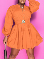 Gorgeousladie Button-Front Belted Puffy Dress