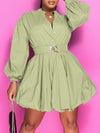 Gorgeousladie Button-Front Belted Puffy Dress