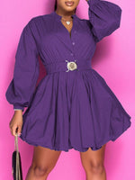 Gorgeousladie Button-Front Belted Puffy Dress