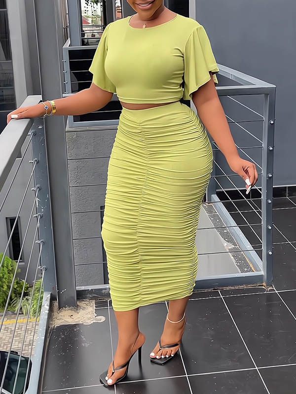 Gorgeousladie Ruffle-Sleeve Top & Ruched Skirt Set
