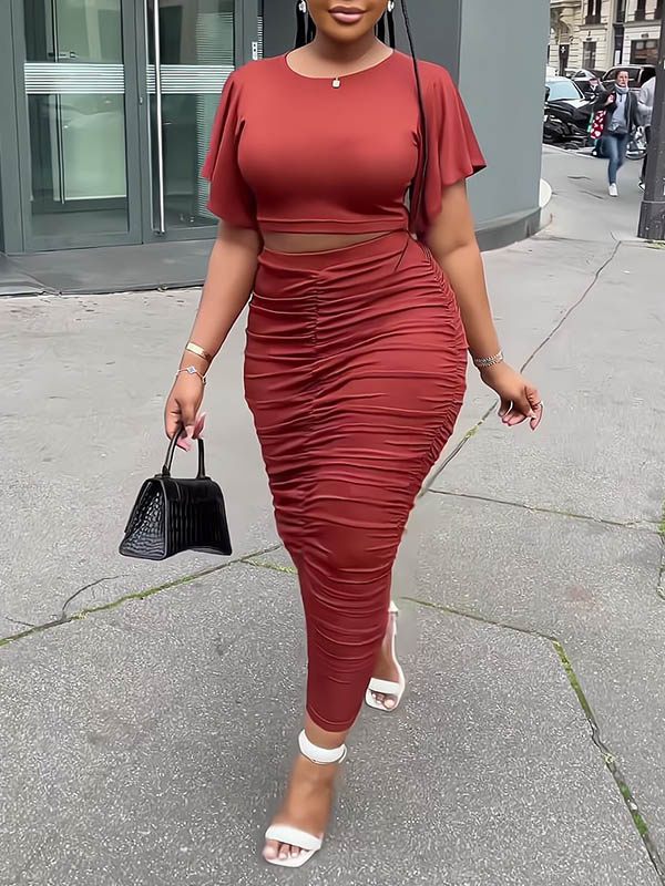 Gorgeousladie Ruffle-Sleeve Top & Ruched Skirt Set