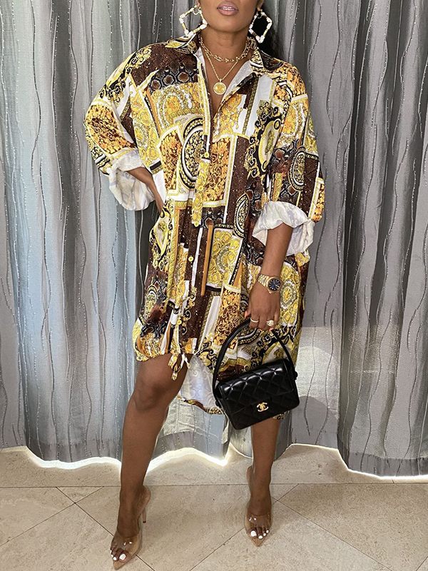 Printed Drawstring Shirt Dress