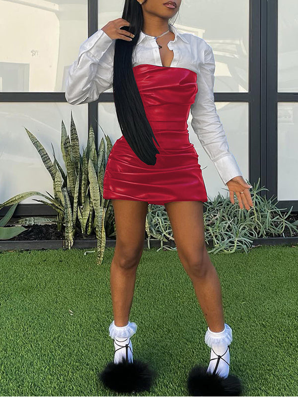 Ruched Faux-Leather Combo Dress