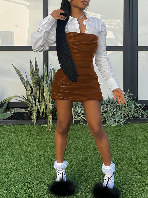 Ruched Faux-Leather Combo Dress