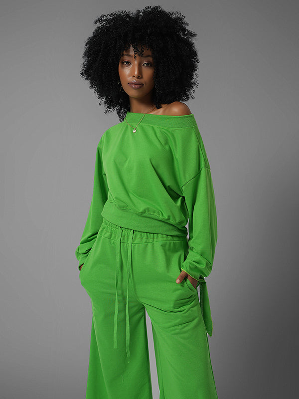 Gorgeousladie One Tied Sleeve Sweatshirt & Wide Leg Pants Set