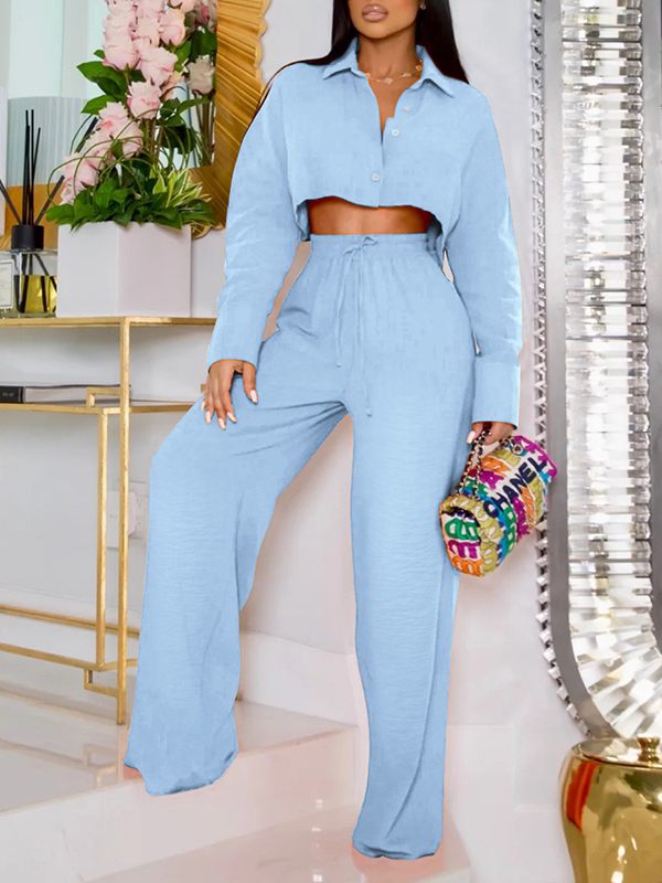 Solid Cropped Shirt & Wide-Leg Pants Set