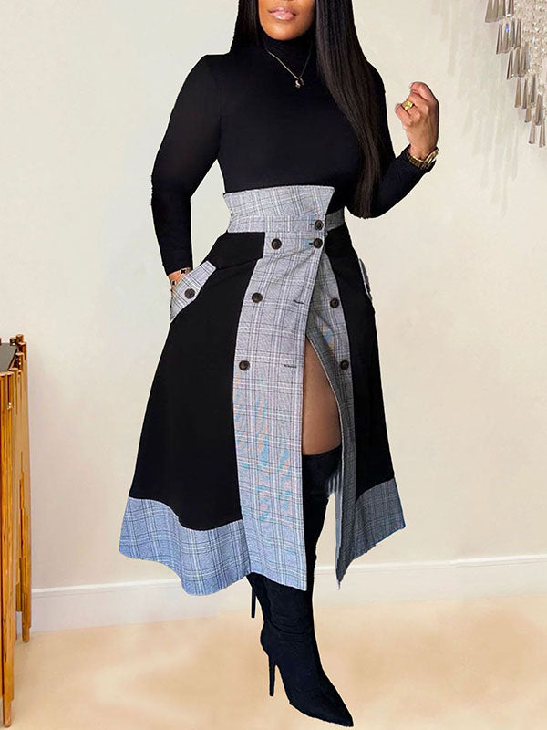 Gorgeousladie Mock-Neck Tee & Plaid Combo Skirt Set